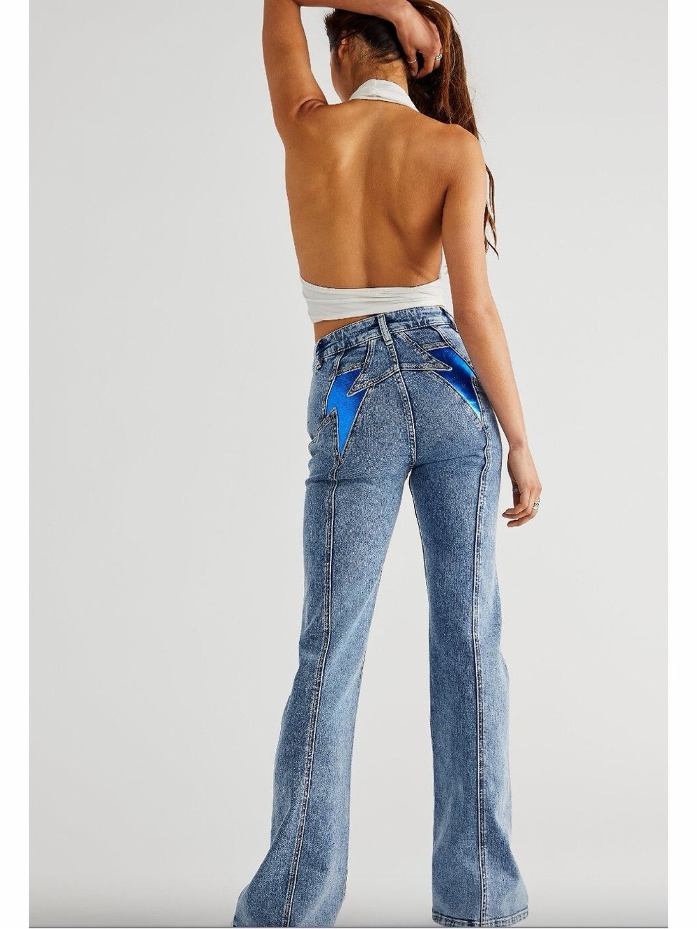 Free People We the Free Thunderbird Flare Jeans Blue Lightning Bolt Size 26